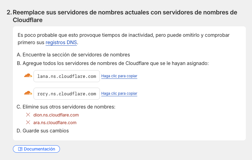 Nameservers asignados por Cloudflare en el panel de información del dominio