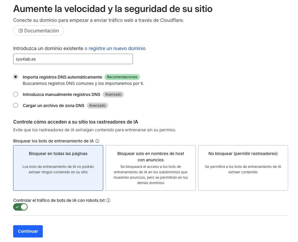 Formulario de incorporación de dominio en Cloudflare